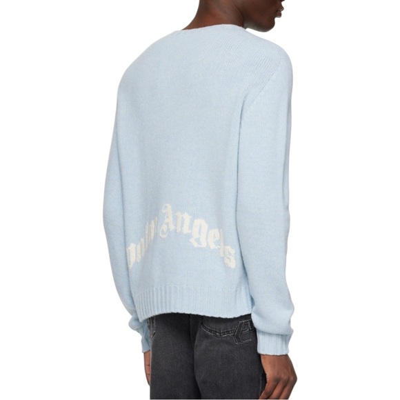 Palm Angels Curved Logo Wool Blend Light Blue Knit Sweater XL - Picture 1 of 7